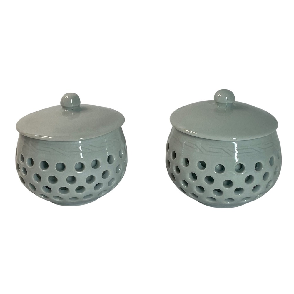 Celadon‎ Lidded Teacups Jingdezhen Linglong Set of 2